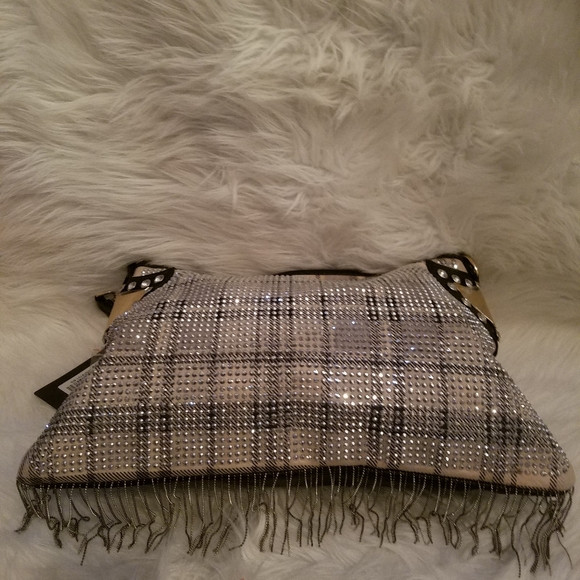 BEIGE AND BLACK SPARKLING FRINGE PLAID PRINT SHOULDER BAG - Picture 9 of 11